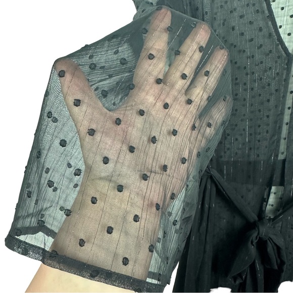 Express Swiss Dot Sheer Shimmery Ruffle Hem Long Sleeve Layering Duster Kimono - Picture 11 of 14